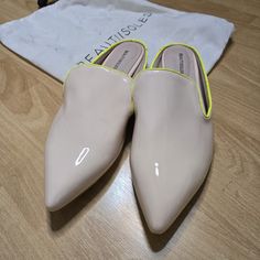 Never Worn, Super Cute, Silver Heels, Beige And Neon Yellow Mules. Comes With Dust Cover. Heels Beige, Cream Yellow, Yellow Cream, Silver Heels, Dust Cover, Neon Yellow, Mule Clogs, Mules Shoes, Clogs