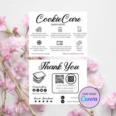 two business cards with the words cookie care and thank you on them next to pink flowers