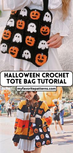 the halloween crochet tote bag pattern is shown