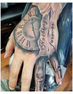 a man's hand with a clock tattoo on it