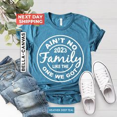 Family Reunion Shirt, Ain't No Family Like The One We Got Shirts, Family Matching Shirt, Vacay Mode Shirt, Vacation Shirt, Family Trip Shirt BLACK TEXT is used for Yellow, Heather Peach, White, Light Gray, Mint Shirts. Other colored shirts have white text. F I T ∙ & ∙ S I Z I N G : -->These Unisex T-shirts have a modern-fit. Consult the size chart in the pics for an accurate fit. -->Women's sizes are narrower than the waist. -->Sleeves are rolled up in some product pictures. They do not come rolled up on delivery. T I M E ∙ T O ∙ D E L I V E R Y : -->Processing and production time is 1-2 business days. -->Delivery time varies depending on your delivery address. -->You can choose Rush and Express options for fast delivery. I M P O R T A N T  : --> Order cancellations are accepted for 2 hour Blue Graphic Print Top For Family Reunion, Blue Graphic Print Tops For Family Reunion, Relaxed Fit Crew Neck Shirt For Family Reunion, Relaxed Fit Cotton Tops For Family Reunion, Family Reunion Shirt With Graphic Print And Relaxed Fit, Cotton Tops With Relaxed Fit For Family Reunion, Casual Letter Print Shirt For Family Reunion, Relaxed Fit Graphic Print Shirt For Family Reunion, Casual Blue Shirt For Family Occasions