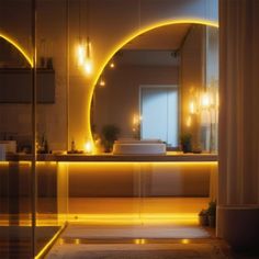 a bathroom with an illuminated mirror and sink