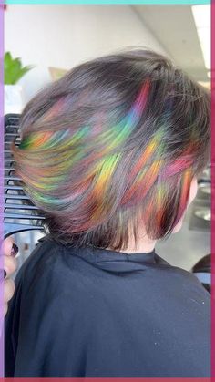 Ribbon Hair Color, Short Hair Pop Of Color, Prism Highlights Black Hair, Iridescent Black Hair, Rainbow Highlights Short Hair, Prism Highlights Hair, Prism Highlights Brown Hair, Prism Hair Color Short, Short Hair Rainbow Color