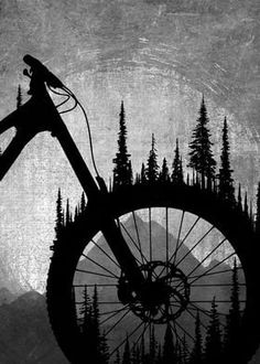 the silhouette of a mountain bike is shown in this black and white photo with trees