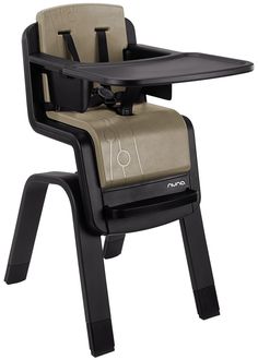 the high chair is black and beige with an arm rest on it's back