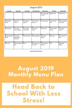 the back to school menu is shown with text that reads august 2019, month - by - month