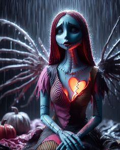 a woman with red hair and makeup is sitting in the rain holding an orange heart