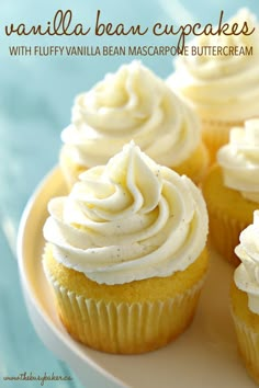 vanilla bean cupcakes with fluffy vanilla bean mascarpone buttercream on a plate