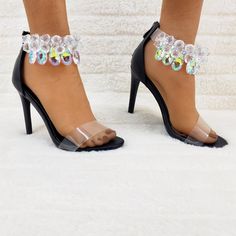 Clear Upper With Open Toe Design Multi Sized White & Multi Sparkle Gemstones On Ankle Strap 4.5" Stiletto Heel. Finished With A Lightly Padded Insole. Black Matte Finish Natural Hair Removal, Sandal Shoes, Capes For Women, Heel Sandal, Black Matte, Toe Designs, High Heel Sandals, Stiletto Heel, Hair Removal