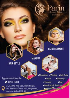 a flyer for a hair salon with different pictures and text on it, including an image of the woman's face