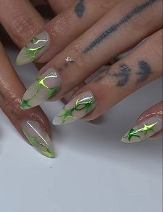 Metallic Nail Designs, Nail Design 2023, Rave Nails, Almond Acrylic Nails Designs, Metallic Nails Design, Neon Green Nails, Metallic Nail, Green Nail Art, Pretty Nail Colors