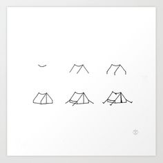 a drawing of four tents with mountains in the background, and one is drawn on paper