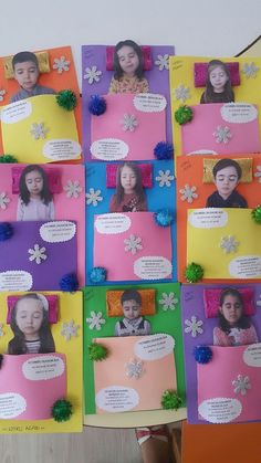 a group of children's handmade greeting cards with flowers and pom - poms