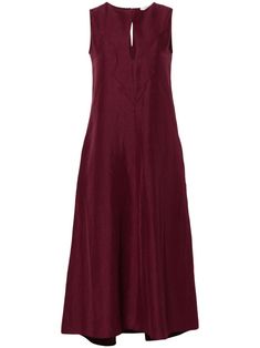 burgundy overlapping panel boat neck single rear button fastening keyhole detail to the rear sleeveless A-line two side inset pockets straight hem mid-length Chic Burgundy Sleeveless Midi Dress, Chic Burgundy A-line Dress, Chic Sleeveless Burgundy Dress, Chic Burgundy Sleeveless Dress, Summer Cruise, Cruise Dress, Wedding Guest Looks, City Dress, Sleeveless Midi Dress