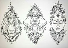 three different types of tattoos with elephants and elephant heads on the back of each one