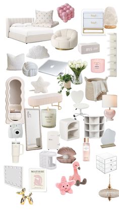 a collage of white furniture and accessories