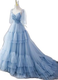 Light Blue Tulle Dress For Banquet, Fitted Light Blue Tulle Ball Gown, Blue Tulle Wedding Dress For Banquet, Fitted Organza Dress With Long Train, Fitted Blue Ball Gown With Tulle Skirt, Blue Tulle Wedding Dress With Sweep Train, Blue Fitted Tulle Dress, Fitted Blue Tulle Ball Gown, Blue Gown With Tulle Skirt And Fitted Bodice