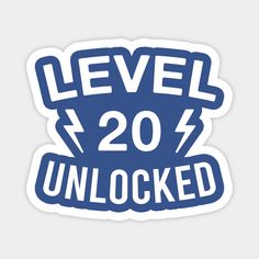 the level 20 unlocked sticker is shown in blue and white, with an arrow pointing up