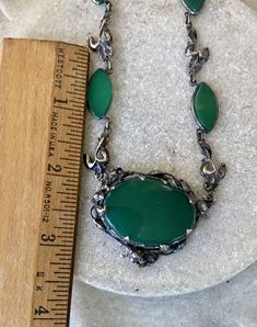 Beautiful Art Nouveau Arts n Crafts Green Chrysoprase Sterling Silver Floral Motif Antique Necklace Necklace measure Approx. 16 inches around Chain Width - Approx. 10 mm Weighs - 30 grams Arts N Crafts, Usa Jewelry, Bib Necklaces, Antique Necklace, Necklace Necklace, Handcrafted Necklace, Leaf Necklace, Bib Necklace, Amethyst Stone