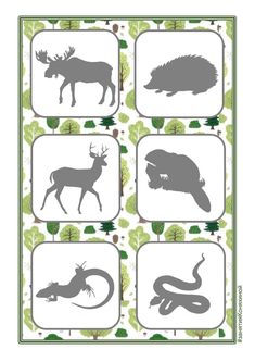 the silhouettes of different animals are shown in this card with green and white background