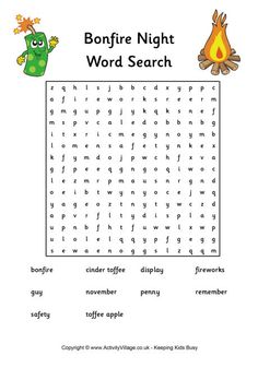 the bonfire night word search is shown in this printable activity sheet for children to learn