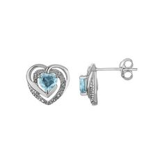 Classic heart in earrings crafted from sleek sterling silver with aquamarine gemstones and sparkling accent diamonds. Simple and elegant heart shaped stud earrings. Aquamarine Heart Earrings with Diamonds 4/5 Carat (ctw) in Sterling Silver Size: one size.  Color: Blue.  Gender: female.  Age Group: adult. Earrings With Diamonds, Heart Shaped Earrings, Earring Crafts, Aquamarine Gemstone, Topaz Gemstone, Blue Gender, Heart Earrings, Blue Topaz, Post Earrings