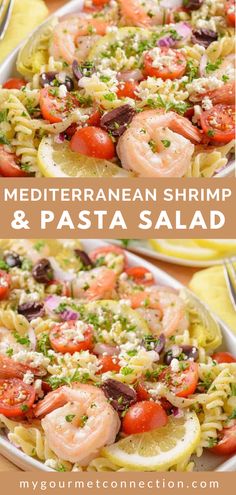 mediterranean shrimp and pasta salad in a white bowl