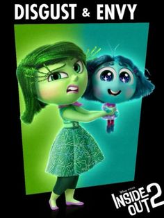 the poster for inside out 2, which features two girls with green hair and blue eyes