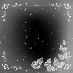 a black and white photo with butterflies in the middle, surrounded by swirls and stars