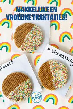 three waffles with sprinkles on them are in front of a rainbow background