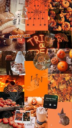 a collage of halloween images with pumpkins and other things in the background,