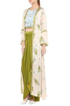 Shop for Soup by Sougat Paul Green Draped Dhoti Skirt Set for Women Online at Aza Fashions Sougat Paul, Dhoti Skirt, Green Drapes, Open Jacket, Draped Skirt, Luxury Sale, Paul Green, Long Jacket, Set For Women