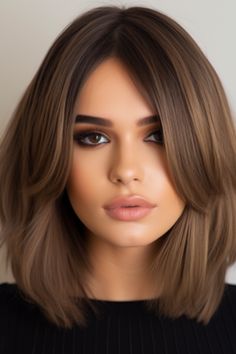 Long Bob With Bangs Side Part, Lob Haircut Thick Hair Curtain Bangs, Brunette Long Bob With Curtain Bangs, Long Bob With Round Face, Lob For Thick Hair Round Faces, Best Bobs For Round Faces, Long Lob With Curtain Bangs, Bob With Curtain Bangs Side Part, Long Bob Plus Size Women