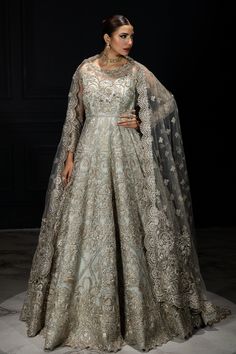 Luxury Sky Blue Silver Embroidered Pakistani Wedding Dress Pishwas Net Anarkali, Designer Gown, Organza Top, Pakistani Wedding Dress, Readymade Saree, Lehenga Skirt, Silk Bottoms, Embroidered Organza, Dyed Silk