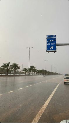 a blue sign hanging from the side of a road next to palm trees on a cloudy day