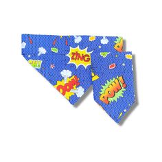 two blue bandannas with colorful cartoon designs on the front and back of them