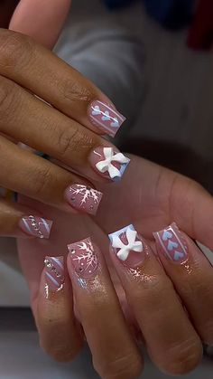 Baddie Nail Sets, Baby Blue Winter Nails, Christmas Toes, Nails Xmas, Bow Nail Designs, Neon Acrylic Nails, Gel Builder, Spring Acrylic Nails, Nail Drawing