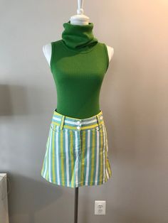 Vintage Dolce & Gabbana Striped Denim Mini Skirt/Made in Italy/ Size Italian 40, size S Green Stretch Cotton Skort, Fitted Green Denim Mini Skirt, Fitted Green Mini Denim Skirt, Retro Fitted Cotton Skort, Fitted Retro Cotton Mini Skirt, Fitted Retro Green Mini Skirt, Green Fitted Retro Mini Skirt, Retro Fitted Denim Skirt For Spring, Fitted Retro Denim Skirt For Spring