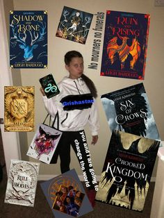 a person standing in front of a wall with books on it and the words shadow rising above them