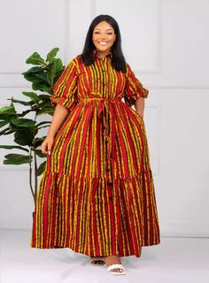 Beautiful dress with overall length of 60 inches. This maxi dress is a true stunner! 💎 It has a self tie belt. 💎Dress has a collared, button down neckline, . 💎 Dress has a button down front closure. 💎 It is maternity friendly 💎 You can creat... Ankara Maxi Dress, Mixed Print Dress, Long African Dresses, African Print Dress Ankara, African Wear Dresses, African Maxi Dresses, Dress African, Beautiful Maxi Dresses, Ankara Print