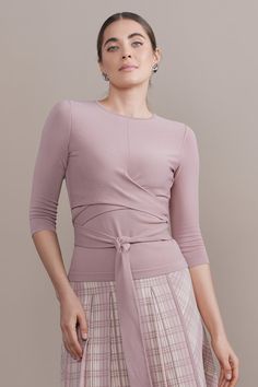 Product Details Lightweight knit Mock Wrap Effect - Can be Tied in Front or Back 3/4 Sleeves Model Models are wearing size XS Dusty Rose, Knitting, How To Wear