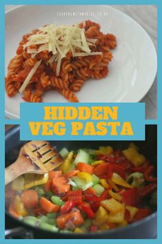 the cover of hidden veggie pasta is shown on a white plate with a wooden spoon