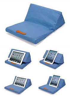 an ipad and tablet sitting on top of a blue seat cushion with four different positions