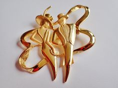 "Striking gold tone large JJ Jonette Art Deco elegantly dressed couple out for a night out on the town. This statement brooch measures 2 3/4\"H X 2 1/2\"W. Signed JJ. Mint condition." Tone Art, Men's Brooch, Art Deco Lady, Elegant Couple, Pin Brooch, Vintage Signs, Vintage Gold, Mint Condition, Brooch Pin