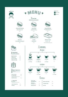 the menu for a restaurant is shown in green and white, as well as an image of