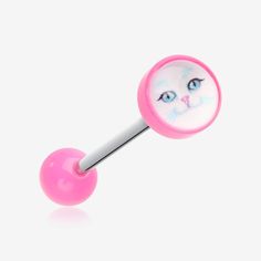 Mystic White Kitty Cat Acrylic Top Barbell Tongue Ring-Pink Piercings Tongue, Transverse Lobe, Oral Piercings, Tongue Piercing Jewelry, Cat Acrylic, Tongue Ring, Snake Bites, Tongue Piercing, Tongue Rings