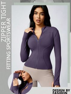 1pc Women's Sport Jacket With Thumb Hole, Slim Fit For Running Yoga Daily Fall Purple   Long Sleeve Knitted Fabric Plain Seamless Slight Stretch,Medium Stretch Fall,Spring,Spring/Fall,Winter,All,Fall/Winter Women Activewear, size features are:Bust: ,Length: ,Sleeve Length: Purple Stretch Outerwear For Fall, Purple Long Sleeve Stretch Outerwear, Yoga Daily, Fall Purple, Sports Jackets Women, Sport Jacket, Purple Long Sleeve, Mini Dresses For Women, Plus Size Skirts