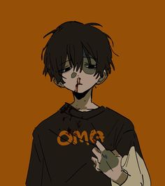 an anime character with blood on his face holding a cell phone and looking at the camera