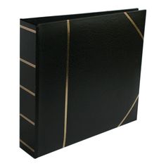 a black binder with gold lines on the front and back of it, against a white background