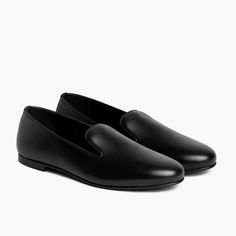 Women's Eden Slip-On Loafer in Black Leather - Thursday Classic Formal Slippers With Almond Toe, Classic Almond Toe Slippers For Formal Occasions, Classic Flat Slippers With Leather Sole, Elegant Black Slippers, Elegant Black Leather Slippers, Formal Flat Slippers With Removable Insole, Black Leather Slippers With Almond Toe, Black Leather Almond Toe Slippers, Classic Black Formal Slippers